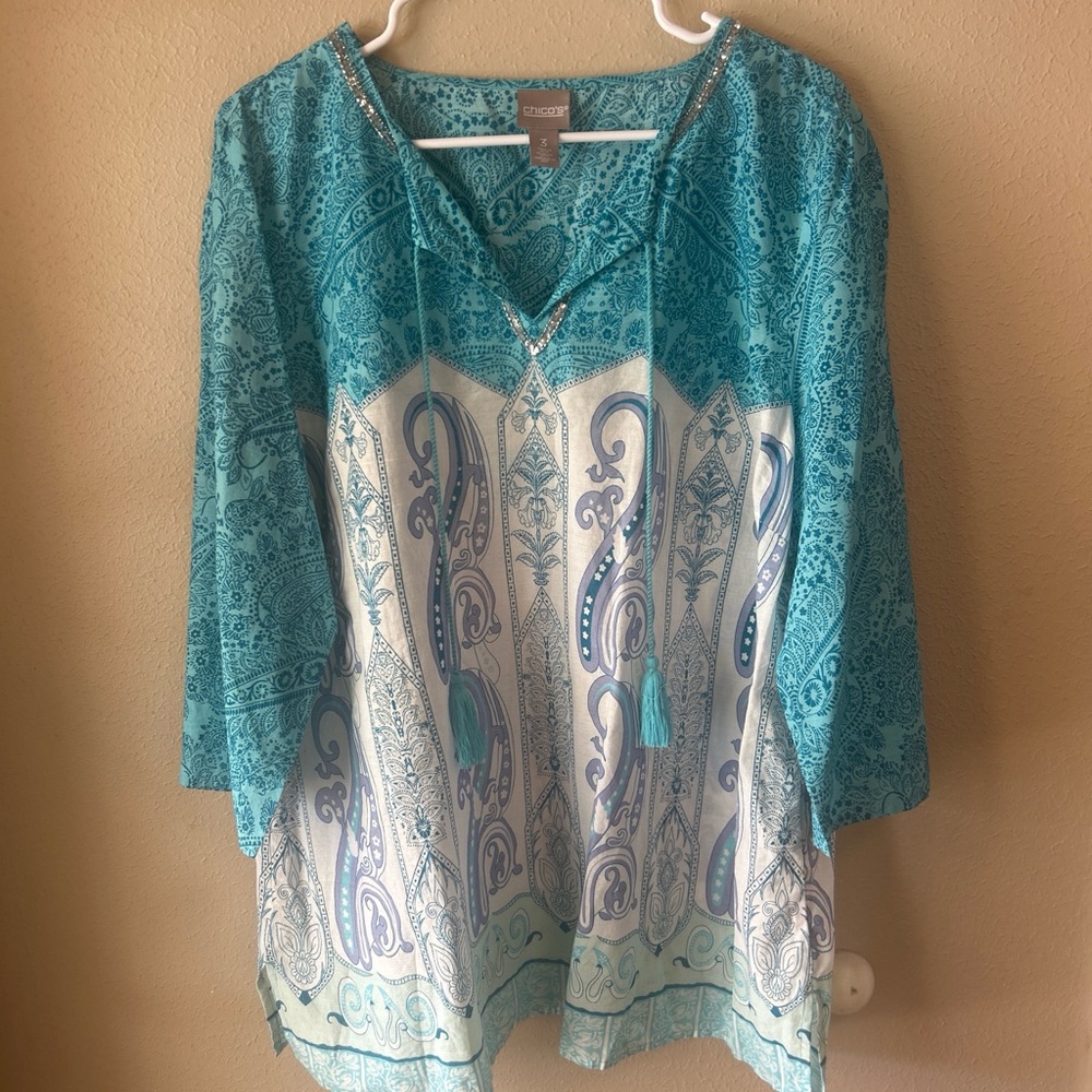 Chico's 100% Cotton Teal and White Paisley Tunic, Sequins, Tassels,Button Sleeve